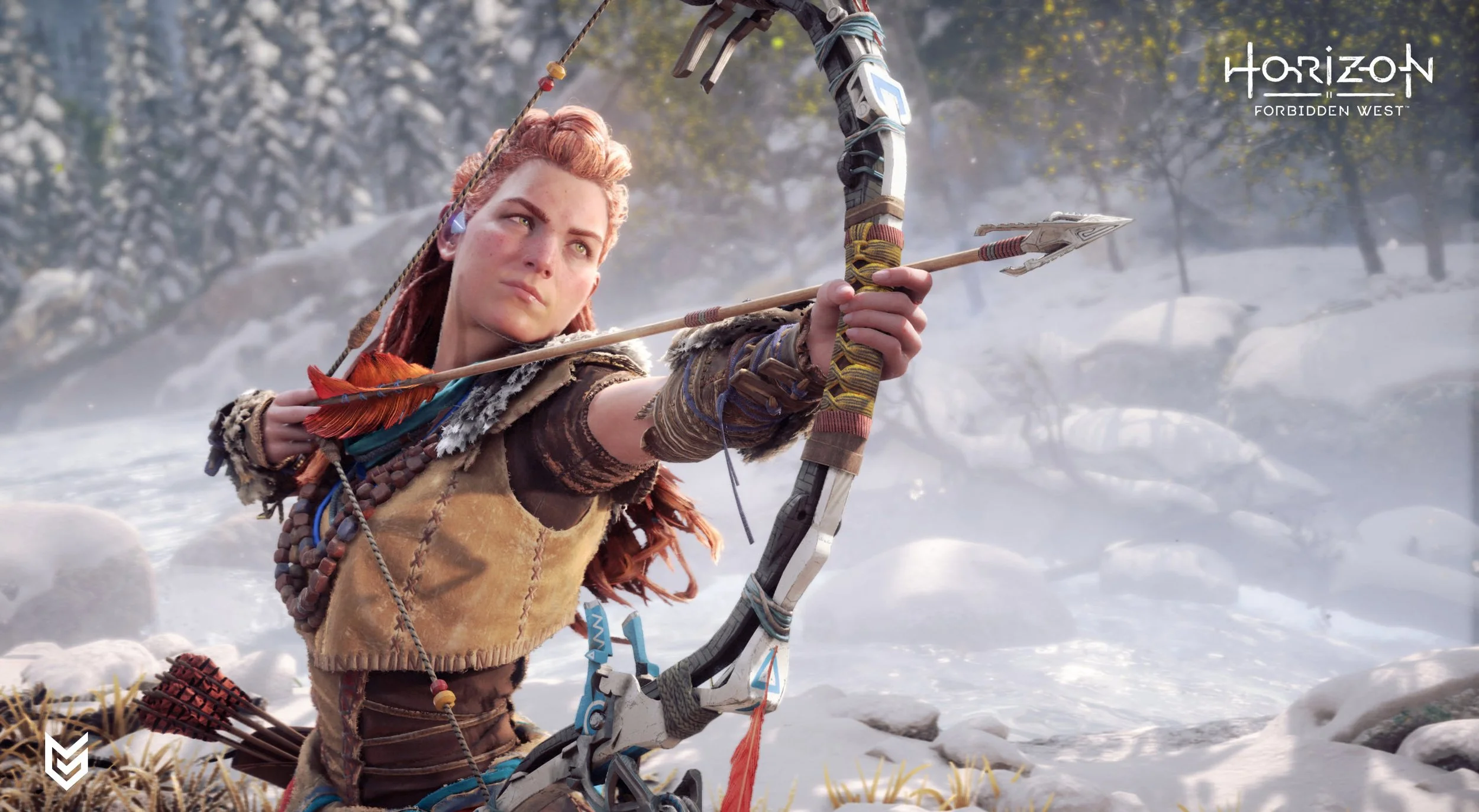 Aloy drawing her bow in a snowy landscape — Horizon Forbidden West